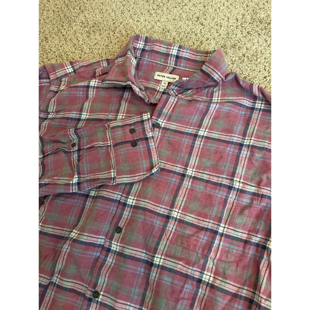 Peter Millar Men's Flannel Shirt XL Pink Blue Plaid Long Sleeve Pocket Stain